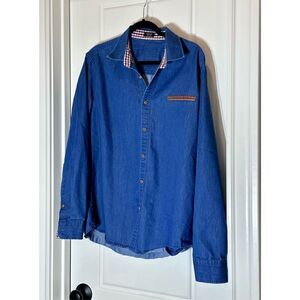 Coofandy denim long sleeve shirt with plaid cuffs and collar size L